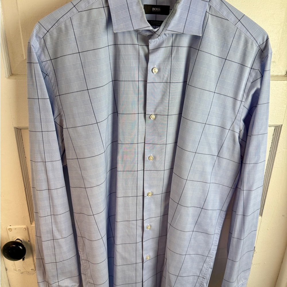 Hugo Boss Men's Light Blue Plaid Dress Shirt